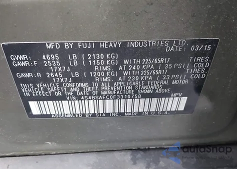 2015 Subaru Outback 2.5I Premium from USA, damaged, VIN 4S4BSAFC0F3310758